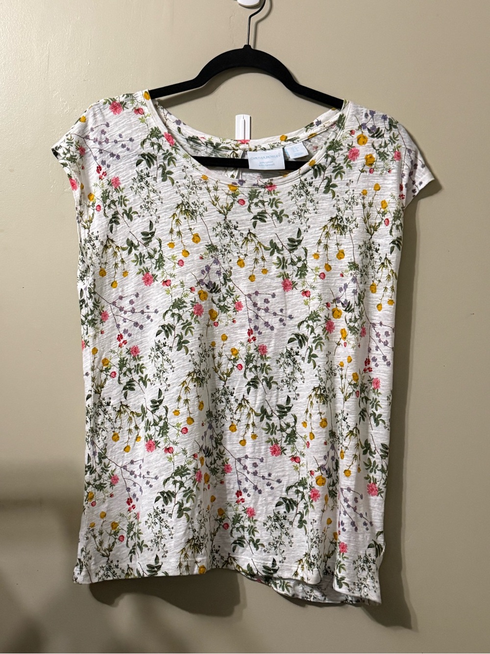 Cynthia Rowley Shirt Womens M Multicolor Floral Cap Sleeve Linen Lyocell